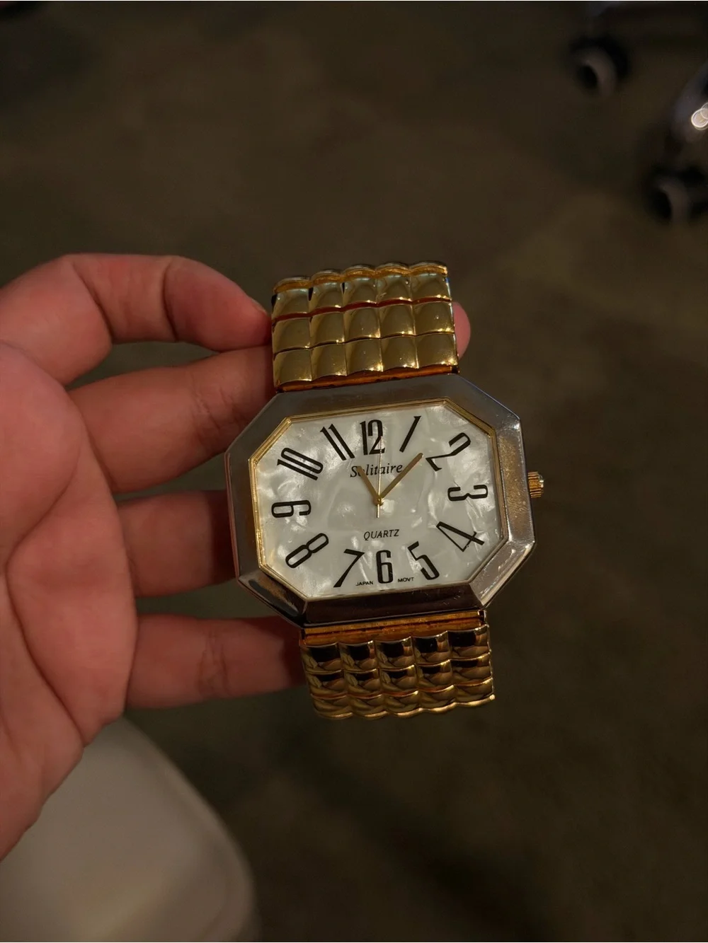 Vintage Solitaire Quartz Octagonal Mother of Pearl Dial Gold Tone Stretch Watch